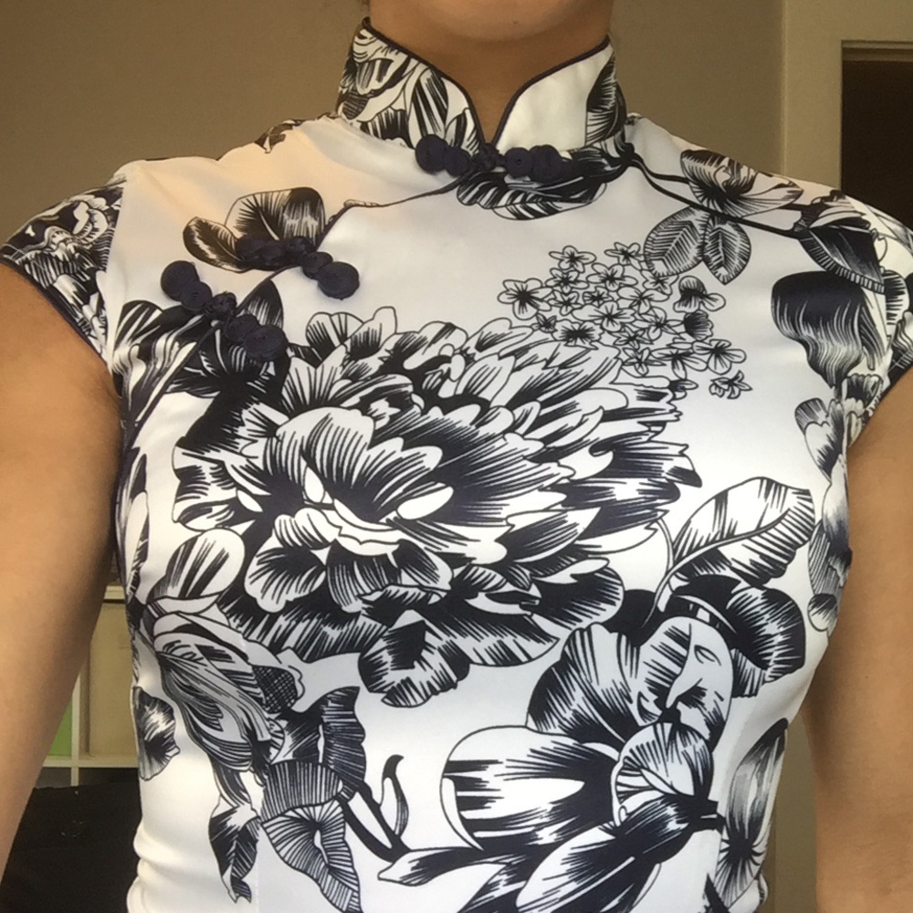 Traditional Cheongsam Short Chinese Blu/Wht Dress - Picture 5 of 7